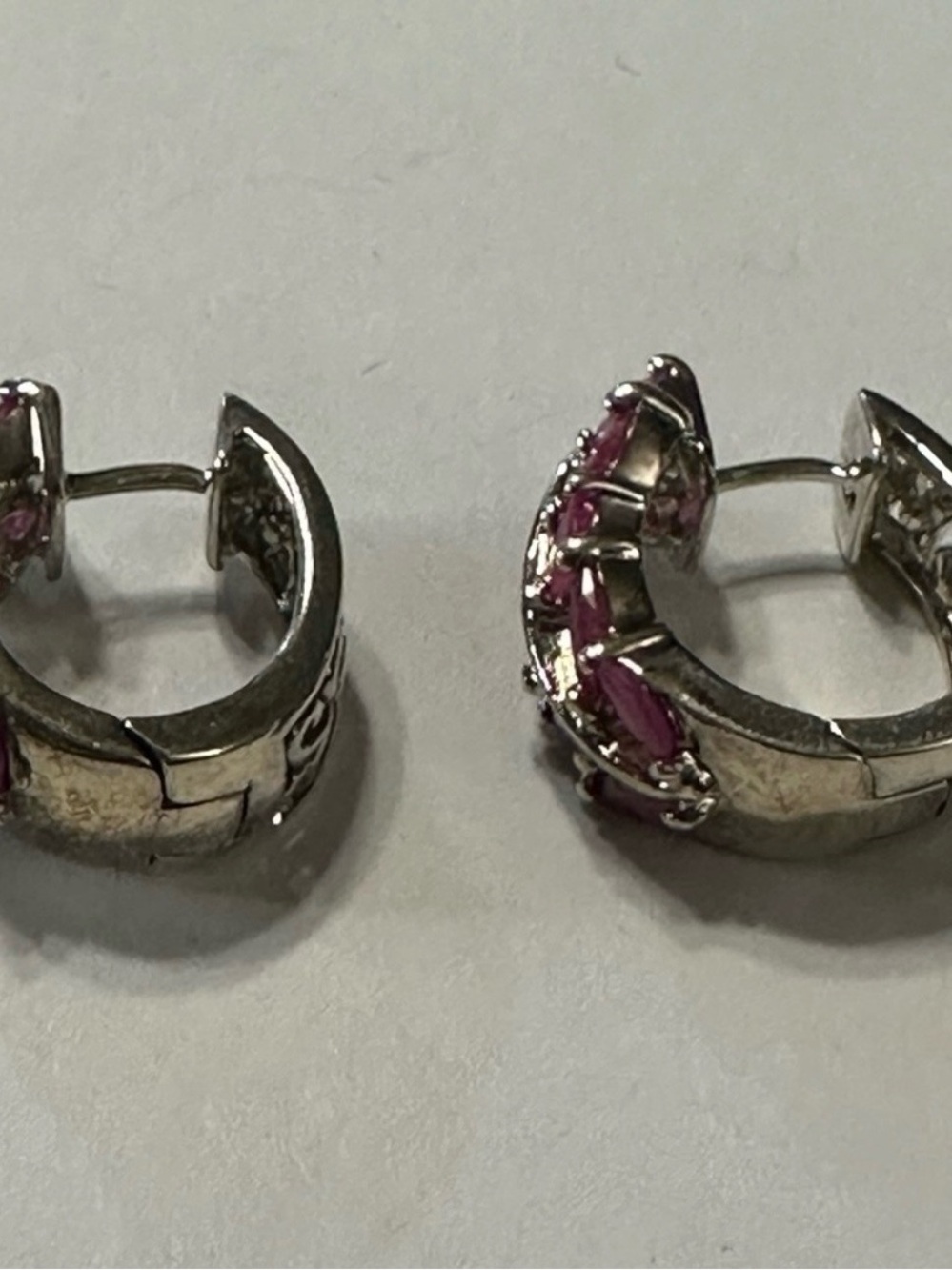 Vintage Sterling Silver Pink/Red Ruby Hinged Huggie Earrings For Pierced Ears - Picture 3 of 10